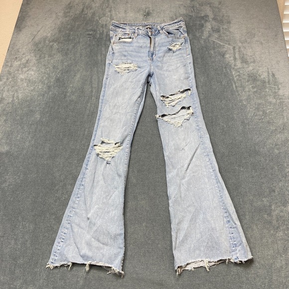 American Eagle Outfitters Denim - American Eagle Outfitters Flare Jeans Womens 6 Blue Stretch Mid Rise Distressed
